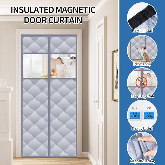 Magnetic Thermal Insulated Door Curtain with Detachable Visible Windows, Thicken Polyester Fiberfill & Durable Oxford Fabric, Hands Free Windproof Door Screen