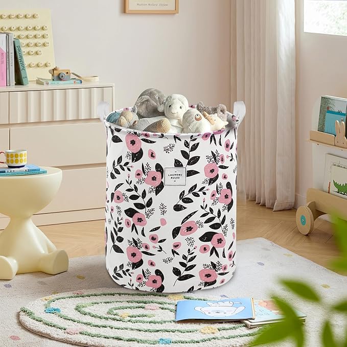 Mziart Cute Laundry Basket, Large Floral Laundry Hamper for Girls Kids Toys Collapsible Clothes Organizer Waterproof Foldable Baby Hamper for Nursery Dorm Fabric Storage Basket Bin with Handles (Pink)