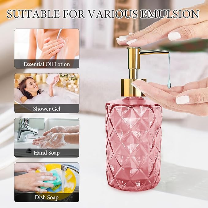 Glass Soap Dispenser with Gold Pump, Bathroom Soap Dispenser, 330ml Hand Foam Lotion Dispenser, Refillable Liquid Soap Bottle for Kitchen, Hand Sanitizer, Lotion (Pink)
