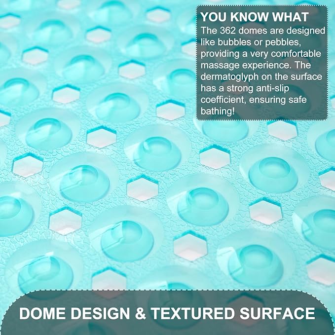 Bath Tub and Shower Mats, Non Slip 40 x 16 Inch Extra Large Bathtub Mat, Machine Washable Bathmat with Drain Holes, Suction Cups for Bathroom Floor, Clear Turquoise
