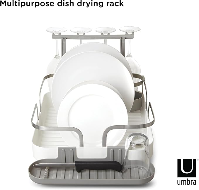 Umbra Holster Dish Rack– Molded Plastic Dish Drying Rack with Drainage Spout, White