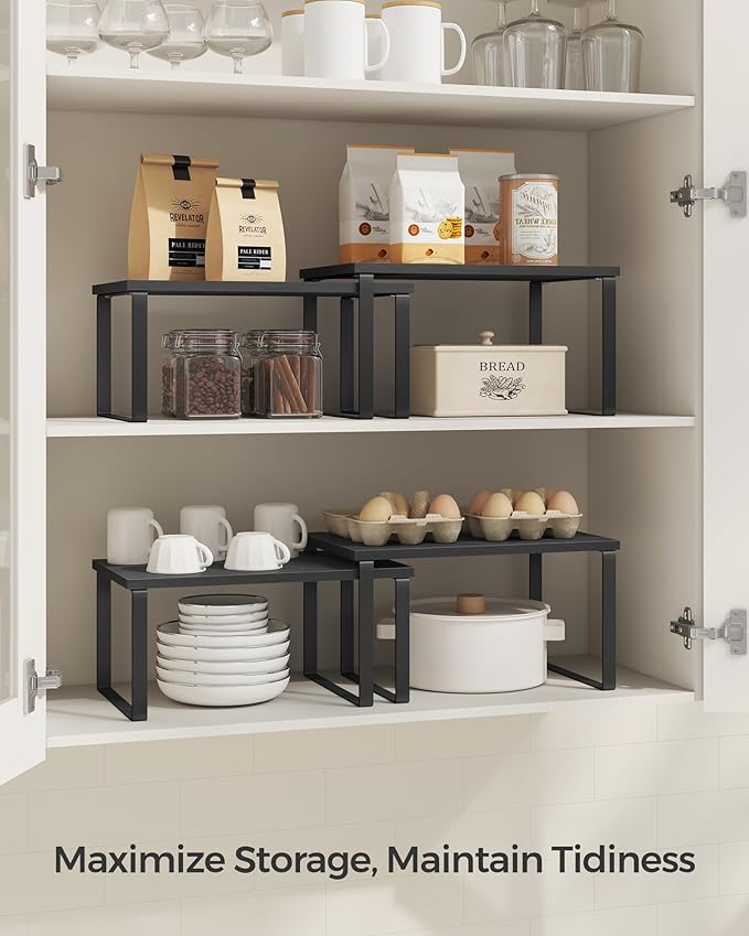 SONGMICS Cabinet Organizer Shelf, Set of 2 Kitchen Counter Shelves, Kitchen Storage, Spice Rack, Stackable, Expandable, Metal and Engineered Wood, Ink Black and Charcoal Black UKCS02B01 (Pack of 2)