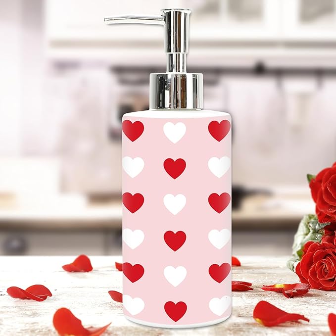JarThenaAMCS Valentine's Day Soap Dispenser Glass Dispenser with Pump Refillable Pink Red White Heart Liquid Soap Container for Kitchen Bathroom Countertop Decor