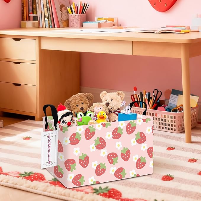 QUEENLALA Rectangular Laundry Hamper/Foldable Nursery Laundry Basket for Organizing/Storage Bin Baskets/Children Toy Office Bedroom/Toy Bin Closet Shelf Baskets（Rec-Pink Strawberry）