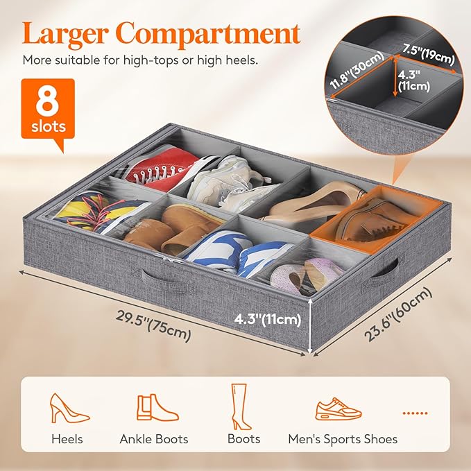 Lifewit Under Bed Shoe Storage Organizer Fits 8 Pair Sneakers, 4.3 Inches Tall Sturdy Structure Ultra Thick Fabic Sneaker Storage, Foldable Underbed Shoe Boxes for Heels, Boots, Sports Shoes 2 Pack