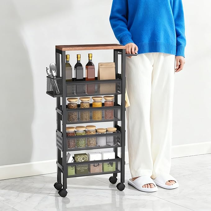 TORIBIO Slim Storage Cart, 5 Tier Narrow Kitchen Rolling Cart with Wheels for Small Space,Mobile Utility Cart Shelving Unit with Metal Frame and Wooden Top for Kitchen, Bathroom, Laundry Room