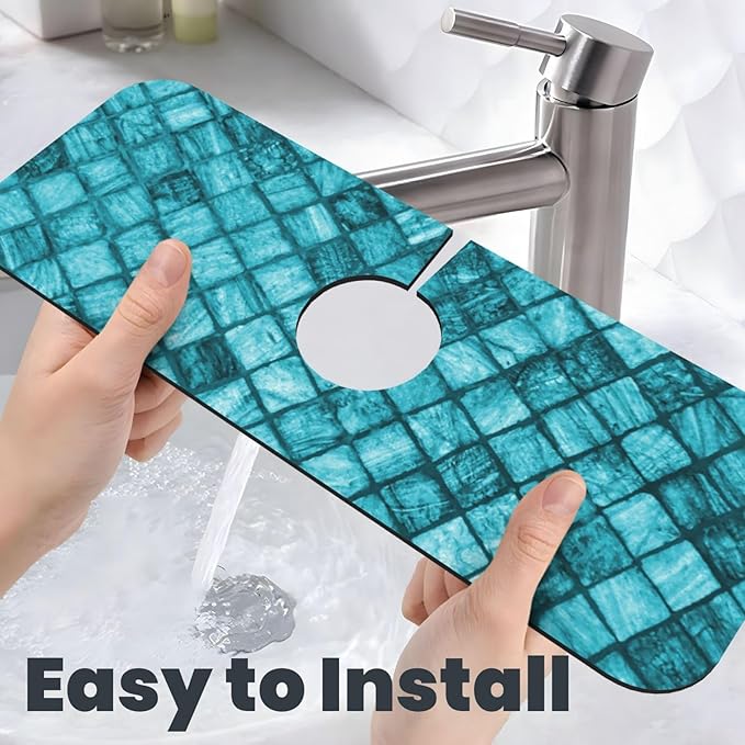 Faucet Draining Mat For Kitchen Sink, Cyan Square Marble Diatom Mud Absorbent Drain Pad For Bathroom Kitchen Sink Splash Guard Drying Mat