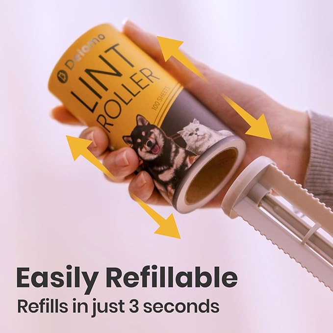 DELOMO Lint Roller 600 Sheets (2 Rollers + 4 Refills) - Lint Rollers for Pet Hair Extra Sticky, Mega Value Pet Hair Removal Tool for Clothes/Couch/Furniture/Car - Ideal Home Gift for Pet Owners