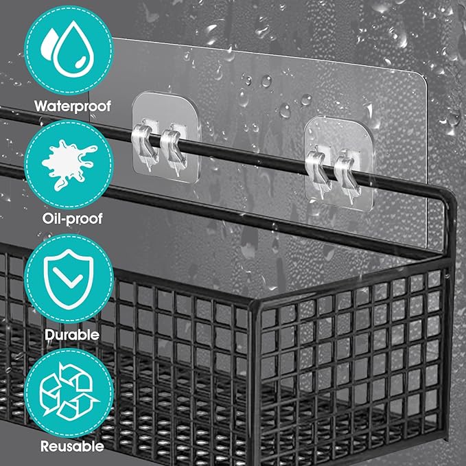 4 Pack Shower Caddy Adhesive Hooks Replacement, Strong Self-Adhesive Sticker No Drilling Waterproof Hanging Hooks for Bathroom Storage Shelves Kitchen Racks (Double Hook,Transparent)