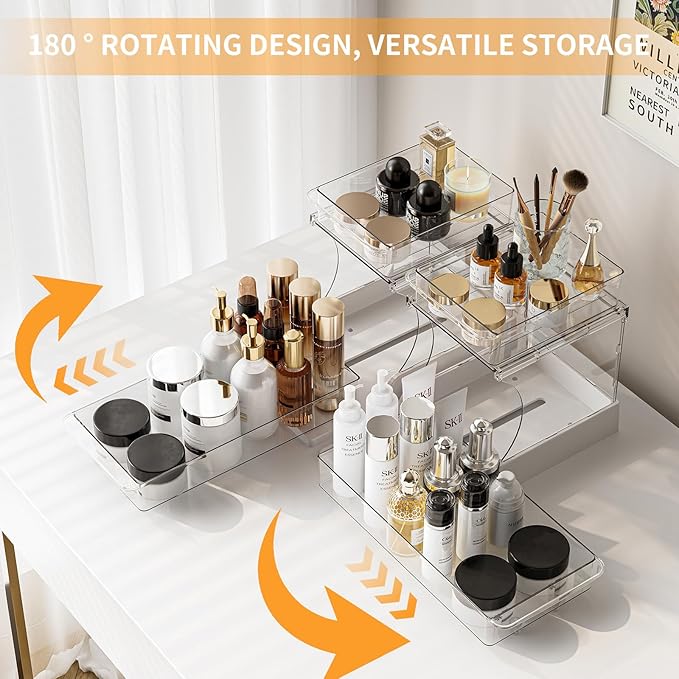 Pull Out 2 Tier Under Sink Organizer Clear Cabinet Organizer for Kitchen Bathroom Storage Rotating Pantry Rack for Spice Organization and Makeup Organizer for Drawer Durable Design 2 Pack