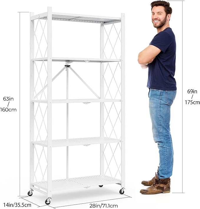 5-Tier Folding Metal Storage Shelf with Wheels, Heavy Duty Organizer Rack Holds 750 lbs, No Assembly Utility Shelving for Kitchen, Garage, Pantry, Living Room, Office (New Upgrade - White, 5 Tier)