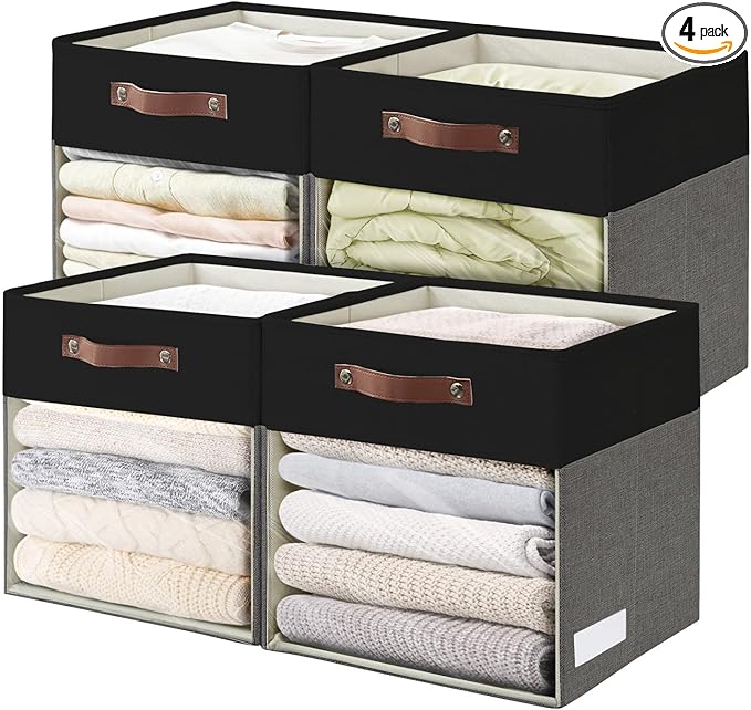 Storage Cubes, 4 Pack Linen Foldable Storage Bins (13 x 13 inch) with Clear Window and Handles, Fabric Organizer for Shelf Closet, Clothes, Books - (Gray and Black)