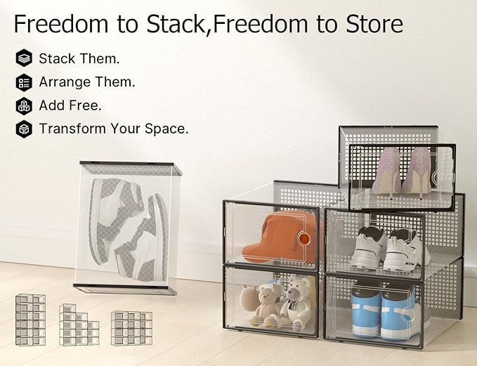 Kuject XX-Large Shoe Storage Boxes Organizers Clear Plastic Stackable 12 Pack, Shoe Rack & Holder Substitute, Sneaker Containers, Shoe Storage Organizer Bins for Closet, Under Bed, Black(No Fold Line)