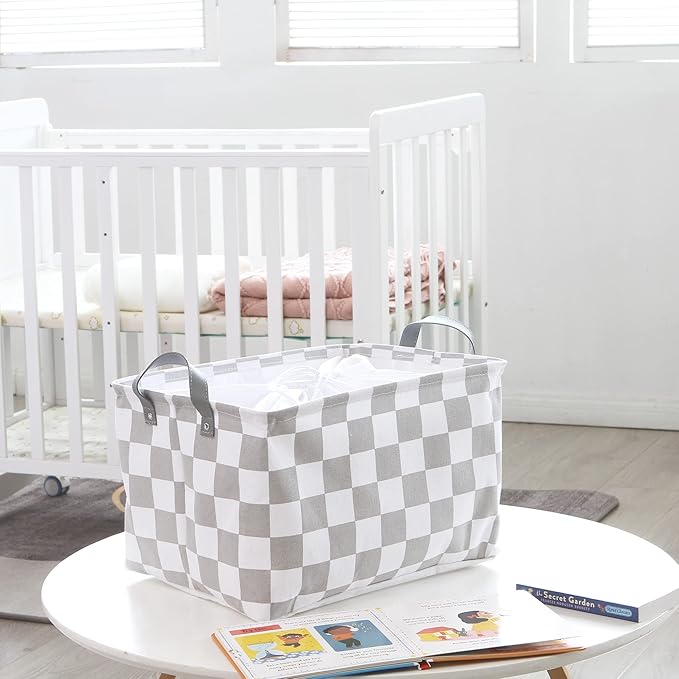Hinwo Large Canvas Fabric Storage Basket with Handles, 33L/8.6-Gal Rectangle Bin, Collapsible Storage Box, Clothes, Toys, Blankets Organizer, 16.5 x 12 x 10 Inches (L, Grey Checkerboard)