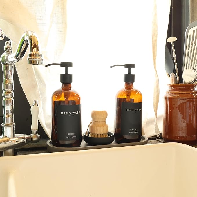 Set of 5 Kitchen Soap Dispenser Set 16 Oz Glass Hand Dish Soap Dispenser with Stainless Steel Pump, Cement Tray, Dish Scrub Brush for Farmhouse Rustic Home Bathroom Decor (Brown)