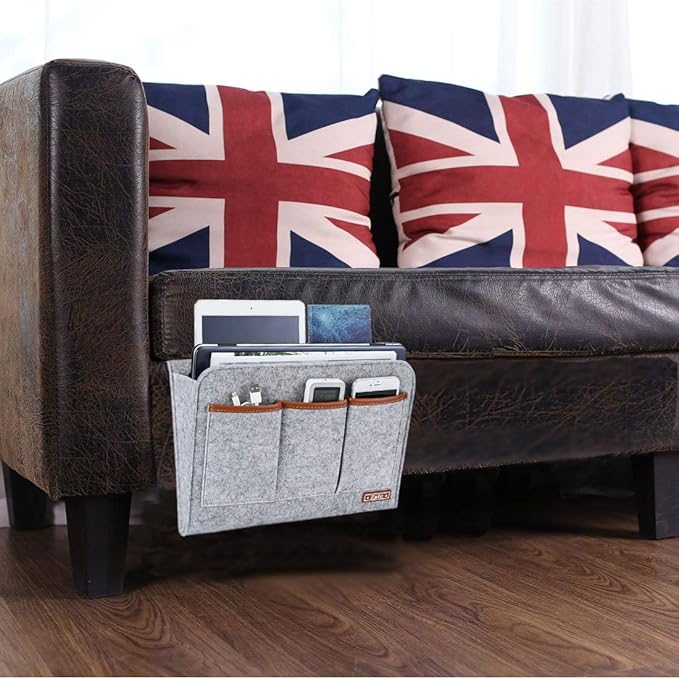 Zafit Bedside Caddy, 6 Pockets Large Size Bedside Storage Organizer Bedside Organizer Caddy for Magazine Remotes Phone (13.4'' x 18.1'', Light Grey)
