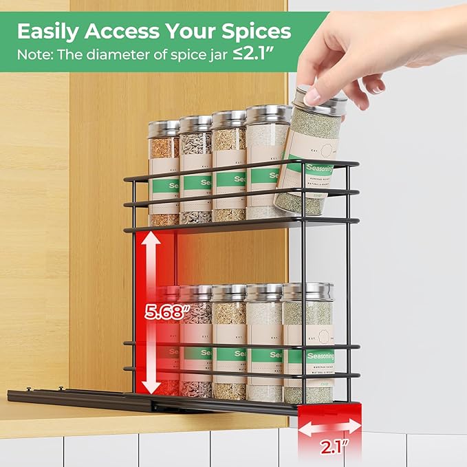 Pull Out Spice Rack Organizer for Cabinet, Slide Out Spice Racks, Easy to Install Spice Cabinet Organizer, 2.5" Wx10.43 Dx8.26 H, 1 Drawer 2 Tiers（Black）