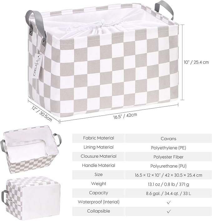 Hinwo Large Canvas Fabric Storage Basket with Handles, 33L/8.6-Gal Rectangle Bin, Collapsible Storage Box, Clothes, Toys, Blankets Organizer, 16.5 x 12 x 10 Inches (L, Grey Checkerboard)