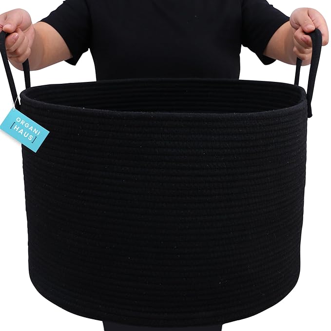 OrganiHaus Large Woven Storage Basket for Blankets and Toys 20" x 13" Inch, Rope Laundry Basket with Handles, Cushions & Pillows Storage Bin, Nursery Hamper, Soft Round Dog Toy Bin - Black