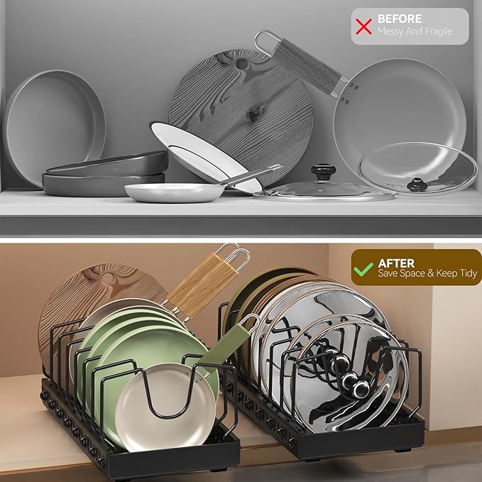 Pot Lid Organizer, Pull-out Pots and Pans Organizer, Under Cabinet Pot Lid Holder for Kitchen, Pots and Pans Storage with 8 Adjustable Dividers (Black, Sliding type)