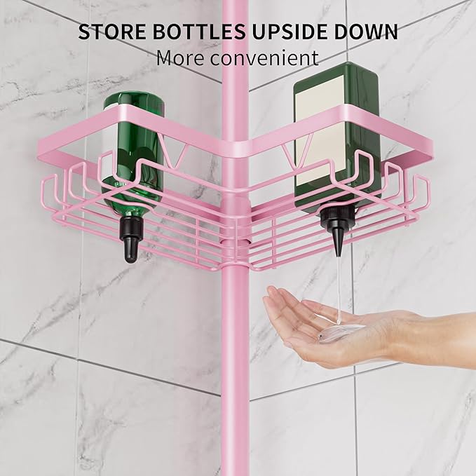 Corner Shower Caddy Tension Pole - Pink - Rustproof Adjustable Bathroom Organizer Shelf for Shampoo, 25–114.2 Inch Shower Rack for Renters, Apartments