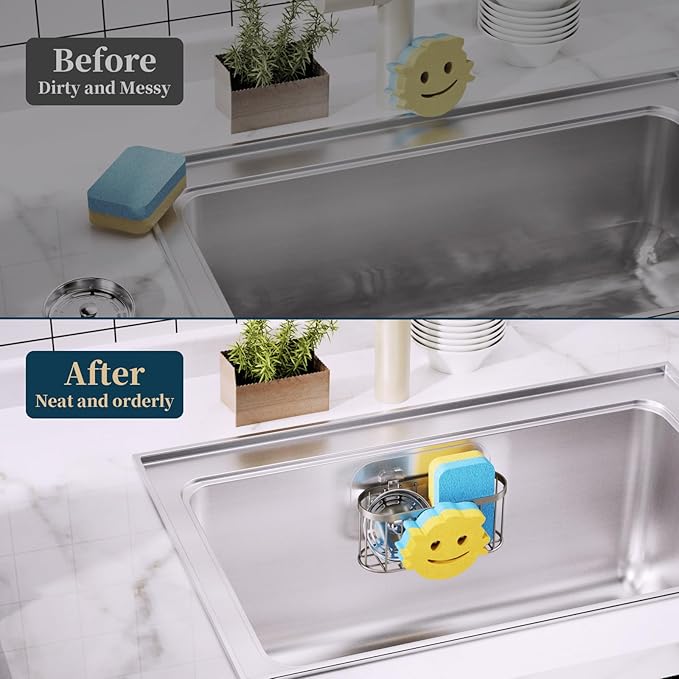 Consumest Sponge Holder Smiley Face - Kitchen Sink Caddy, Sink Organizer with Removable Suction Cups & Adhesive Strips, Suit for Sponge, Soap, Sand Nickel