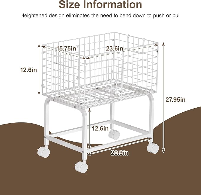 Wire Laundry Hamper Cart,80L Laundry Hamper Trolley with Pull Handle,White High Laundry Basket Cart for Laundry Room,Bathroom,Bedroom-White（23.6 * 15.75 * 28inch）
