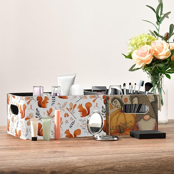 Closet Storage Bins 2 Pcs Felt Open Home Storage Containers Organizer with Handles Collapsible Shelf Basket for Home Office Craft Room Classroom Fabric Squirrels Fall Leaf Happy Gnomes Pumpkin