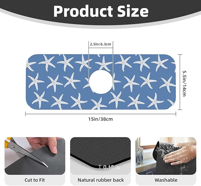 Blue Starfish Abstract Coastal Beach Nautical Ocean Kitchen Sink Splash Guard Faucet Mat Super Absorbent Fast Drying Mat Sink Gadgets-Fast Drying Pad Sink Mat For Kitchen Bathroom (15" X 5.5" )