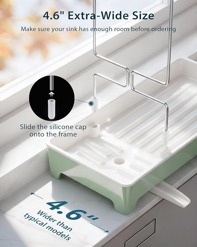 Minimalist Sink Caddy, Rustproof Sponge Holder for Kitchen Sink with 304 Stainless-Steel Brush Holder, Countertop Rack Organizer with Raised Ridges & Silicone Drain Tube (Mint Green)