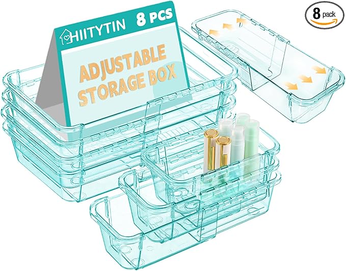 8 Pcs Mixed Extendable Clear Drawer Organizer, All Adjustable Vanity Storage Box, 4-Size Desk Drawer Organizer, Acrylic Storage Bins for Makeup, Bedroom Dressers Tool Organizer for Gadgets, Blue