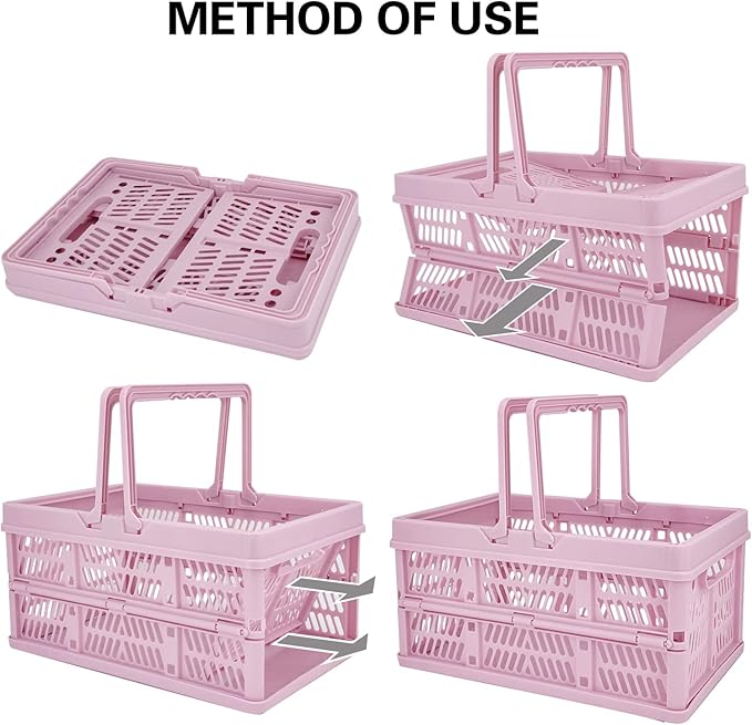 crates for storage,plastic baskets for organizing,collapsible shopping basket,foldable crate with Handles,collapsible storage crate,car basket,for Kitchen,Bathroom,Medicine.small,Pink