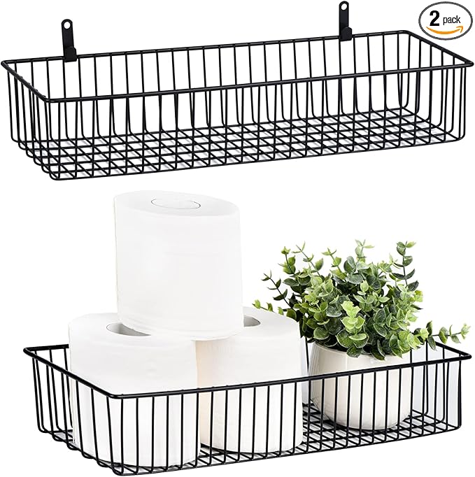 Wetheny Farmhouse Decor Metal Wire Organizer Storage Basket (2 Pack)-Toilet Paper Storage-Organization and Storage for Bedroom, Bathroom, Kitchen Cabinets, Pantry, Laundry Room, Closets (Black)