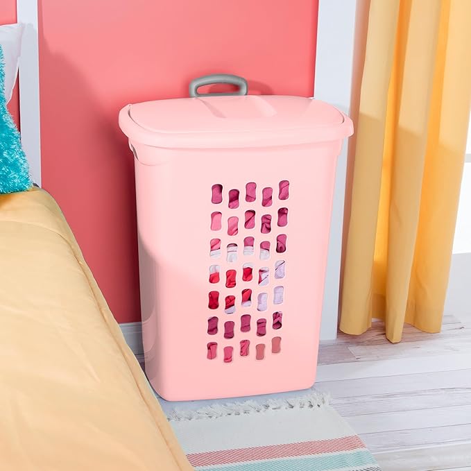Sterilite 3 Pack Ultra Wheeled Hamper, Plastic Laundry Basket Clothes Bin with Wheels, Flip Top Lid and Retractable Handle, Pink Frost