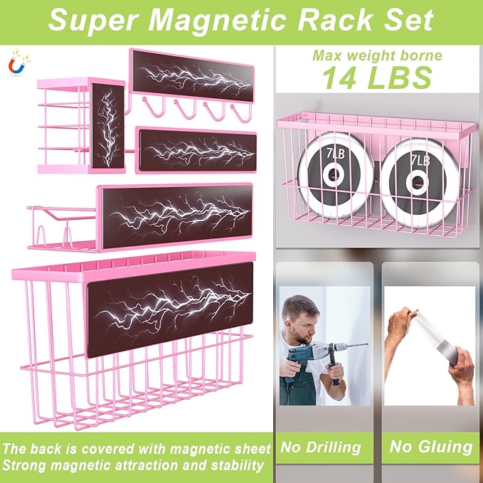 Magnetic Spice Rack for Refrigerator, 7 Pack Magnetic Fridge Shelf for Kitchen Organization Storage, Moveable Spice Organizer W/Paper Towel Holder, Utensil Caddy, Cutting Board Rack (Pink)