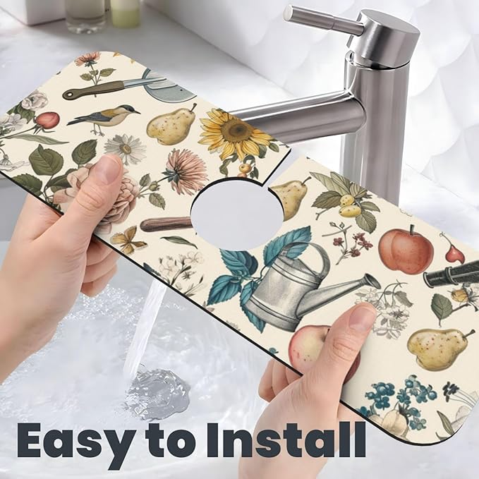 Faucet Draining Mat For Kitchen Sink, Roses Daisies Fruits Garden Diatom Mud Absorbent Drain Pad For Bathroom Kitchen Sink Splash Guard Drying Mat