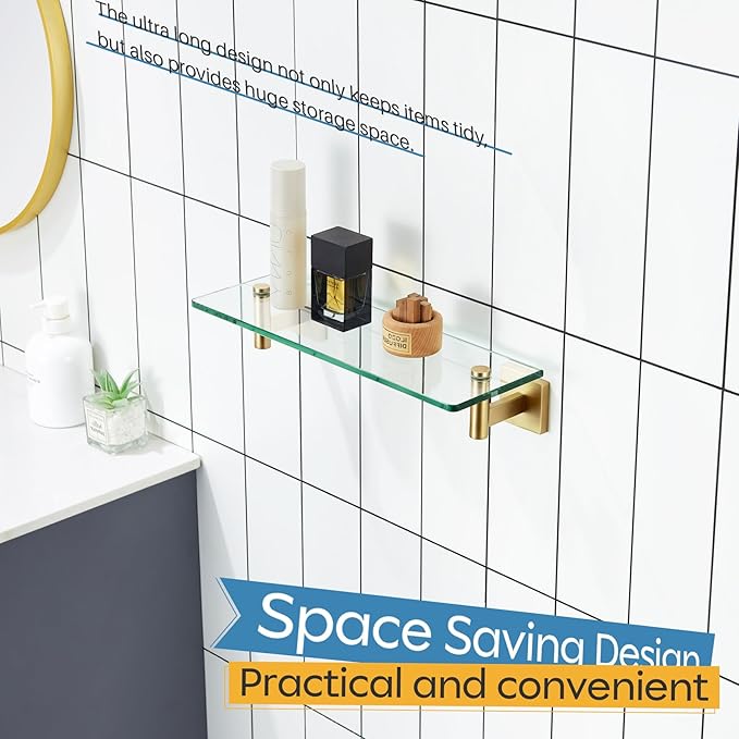 KOKOSIRI Wall Shelves Floating Shelf 16'' Gold Stainless Steel Bathroom Hardware Tempered Glass Hanging Rack Storage/Room Decor 2 Pack B1105BG-L16-P2