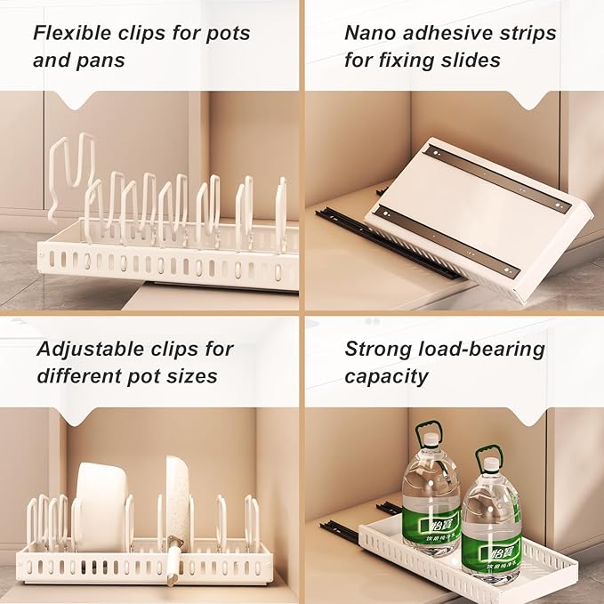 Pots and Pans Organizer Under Cabinet 2 Pack, Pull-Out Cabinet Organizer for Pot Lids, Bakeware, Dishes, 8 Adjustable Dividers (White