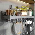 Wall Mounted Spice Rack, Spice Shelf, Spice Rack Organiser, Kitchen Wall Shelf Organiser with Movable Hooks Utensil Rack, Towel Holder, Knife Holder, 40 cm, Black
