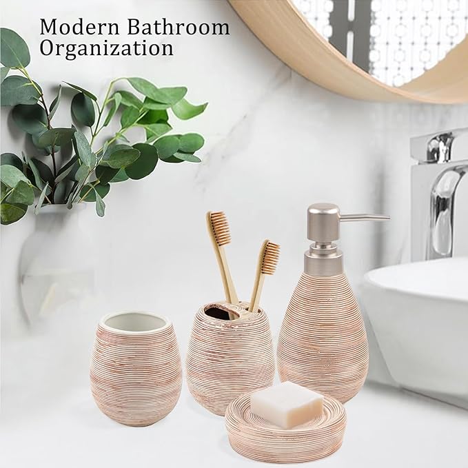 CERBIOR Bathroom Accessories Set,4 Pcs Ceramic Bathroom Decor Accessory,Includes Toothbrush Holder, Toothbrush Cup, Soap Dish for Decorative Countertop and Housewarming Gift(Brown 4pcs)