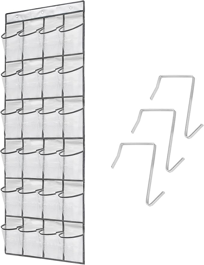 TidyMaster Over the Door Shoe Organizer, 24 Large Breathable Mesh Pockets, Space Saving Hanging Storage Holder, Hangs on Closets for Shoes, Accessories, 3Hooks, GREY (66"x 19")