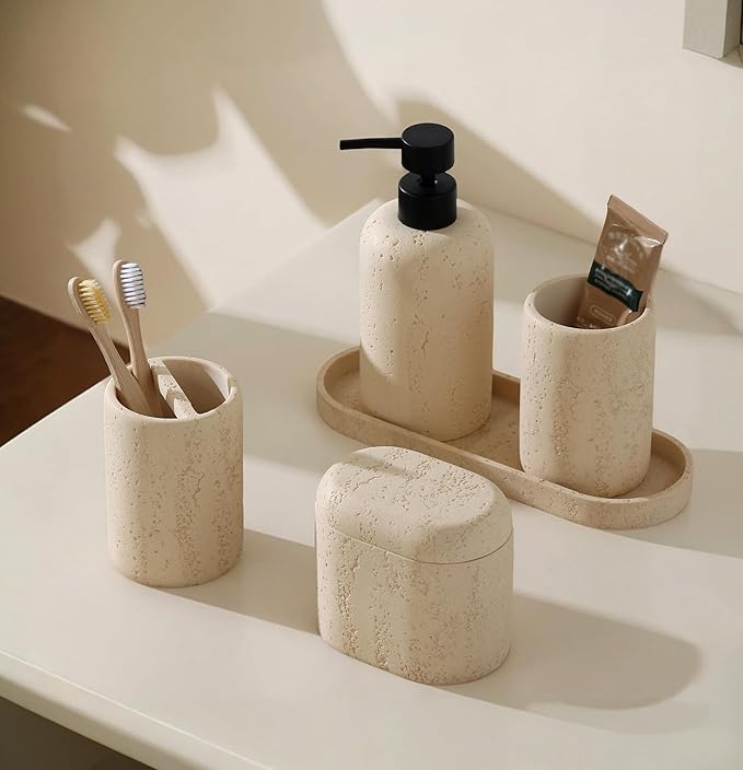 Bathroom Accessories Set, Travertine Stone-Look, 5 PCS Bathroom Accessory Set with 13.53 OZ Soap Dispenser, Toothbrush Holder, Tumbler, Vanity Tray, Cotton Swab Jars for Countertop (Yellow)