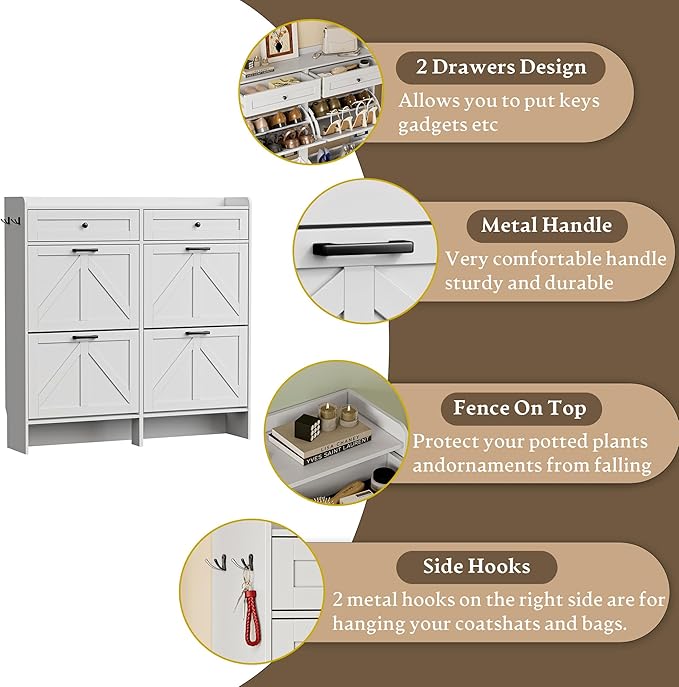 BORNOON Shoe Storage Cabinet for Entryway, Farmhouse Wide Shoe Cabinet with 4 Flip Drawers and 2 Top Drawers, Freestanding Organizer with Adjustable Shelves, Hooks, and Anti-Tip Kit for Hallway