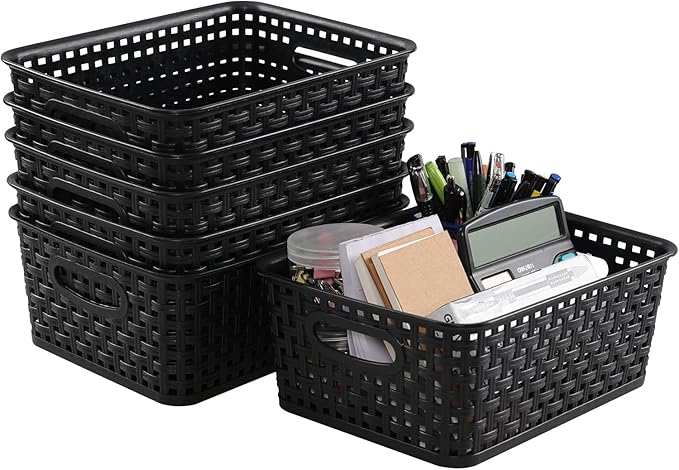 Sandmovie Black Plastic Rattan Storage Baskets, 6 Packs