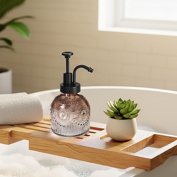 SheeChung Vintage Soap Dispenser, Kitchen Dish Soap Dispensers with Pump Mat, Glass Hand Soap Dispenser for Bathroom, Liquid, Lotion, Refillable, Rustic Farmhouse Decor-Brown (Black Pump, 2 pk)