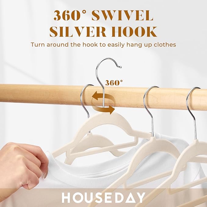 HOUSE DAY Velvet Hangers with Tie Bar 60 Pack Ivory, Clothes Hanger Non-Slip, Space Saving Felt Hangers for Pants, Coat, Suits, Shirt, Scarf, No Hanger Marks