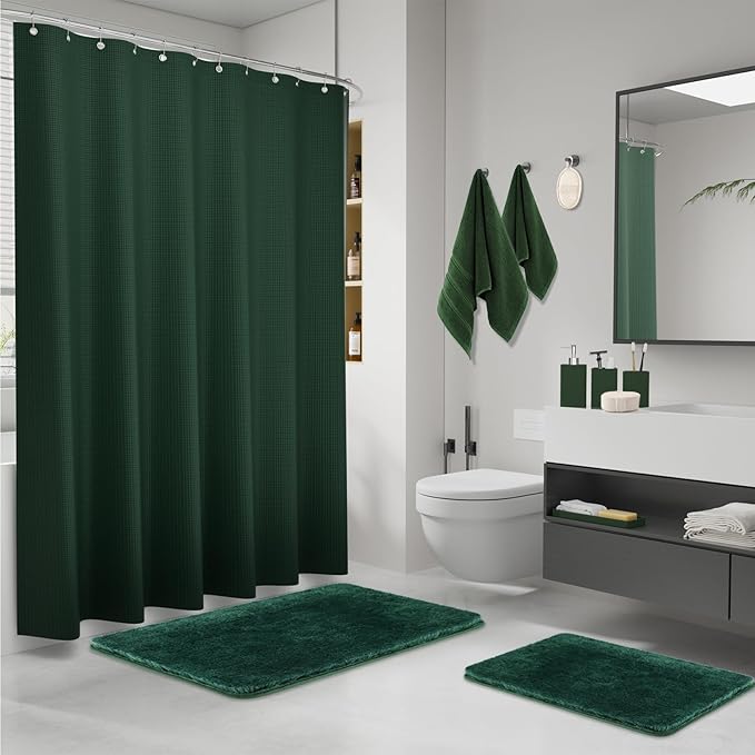 Green Bathroom Set, Dark Green Bathroom Accessories Set with Shower Curtain and Rugs, Bath Towel Sets, Natural Loofah Sponge, Soap Dispenser, Toothbrush Holder, Bathroom Tumbler and Tray for Bathroom