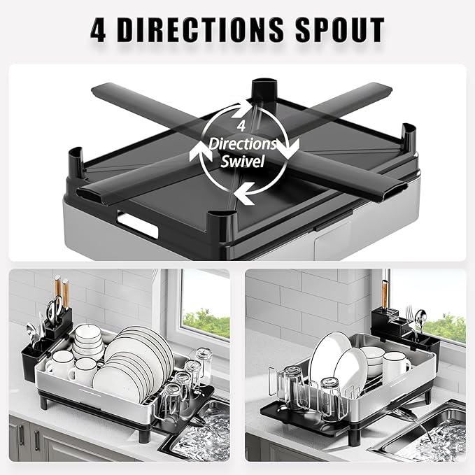 Dish Drying Rack, 304 Stainless Steel Dish Racks for Kitchen Counter, Dish Drainers with Automatic Drainage, Utensil Holder & Cups Holder, Space Saving Kitchen Organizer, Black