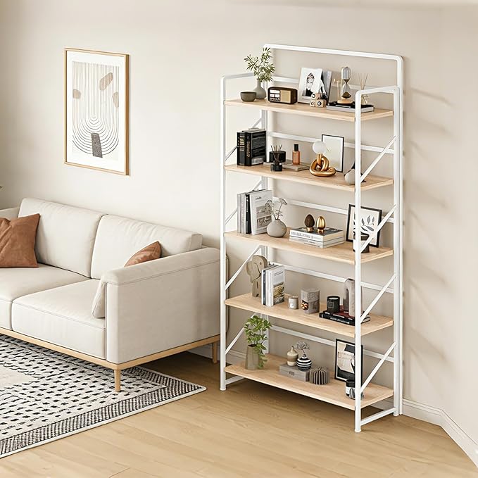 JSB Folding Bookshelf,Industrial Storage Shelves, No Assembly Vintage Wood Look Bookshelf with Storage Shelves for Living Room, Bedroom, Office (White, Wide 5-Tier)