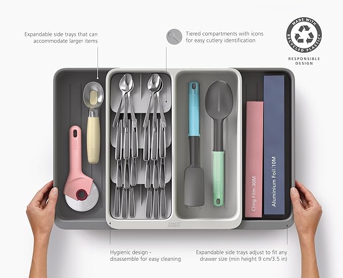Joseph Joseph DrawerStore Expanding Tiered Flatware Cutlery, Utensil, and Gadget Tray, Expandable In-Drawer Kitchen Space-Saving Organizer, Recycled Plastic